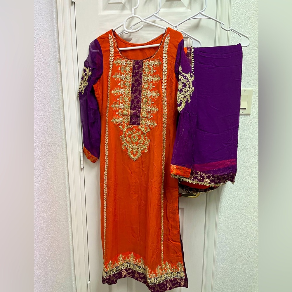 3 Piece purple and orange long shirt with Palazzo pants.